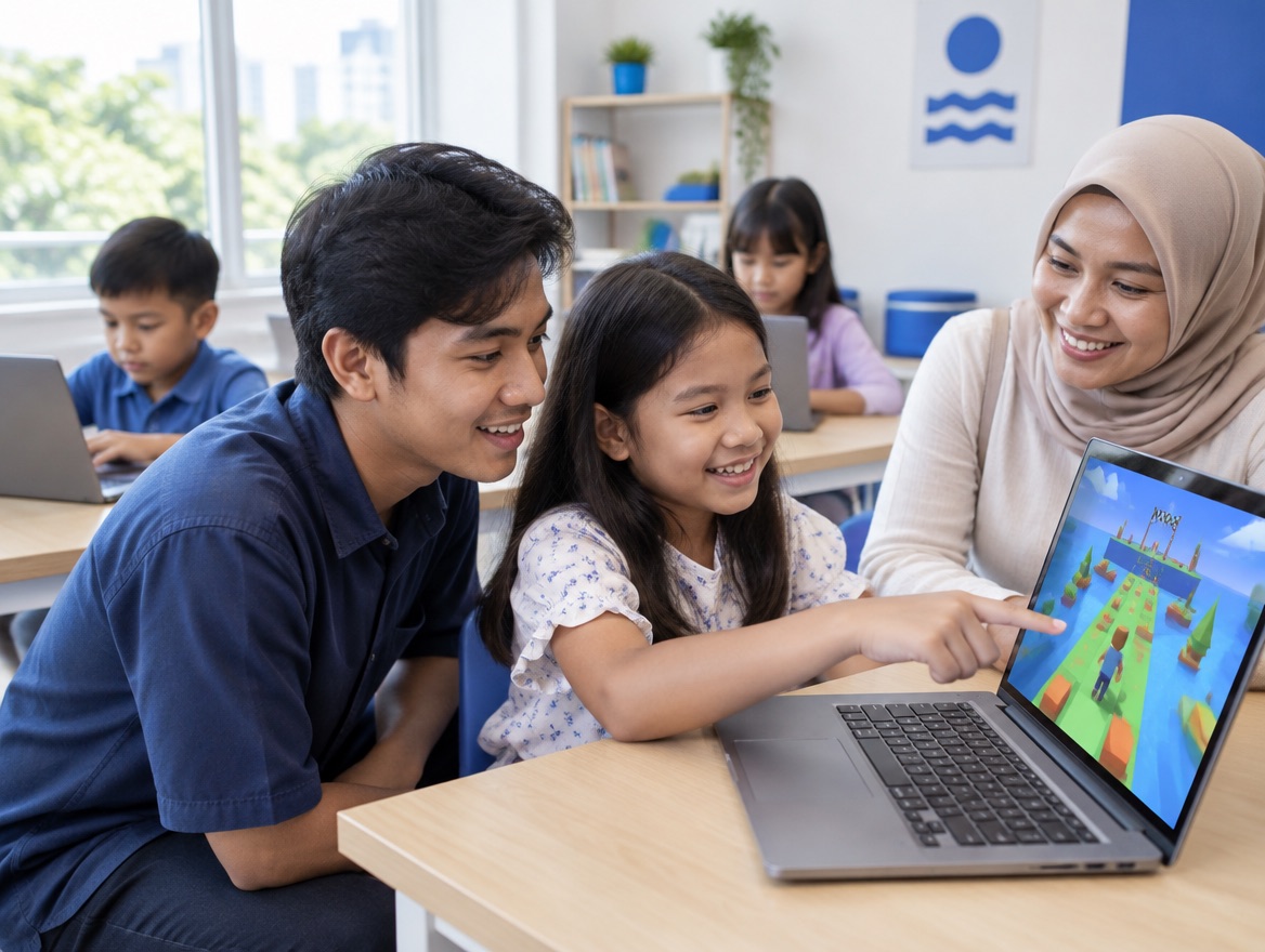 Mentor berlutut di samping anak yang menunjuk layar laptop berisi game 3D berbentuk balok, ibunya duduk mengamati.