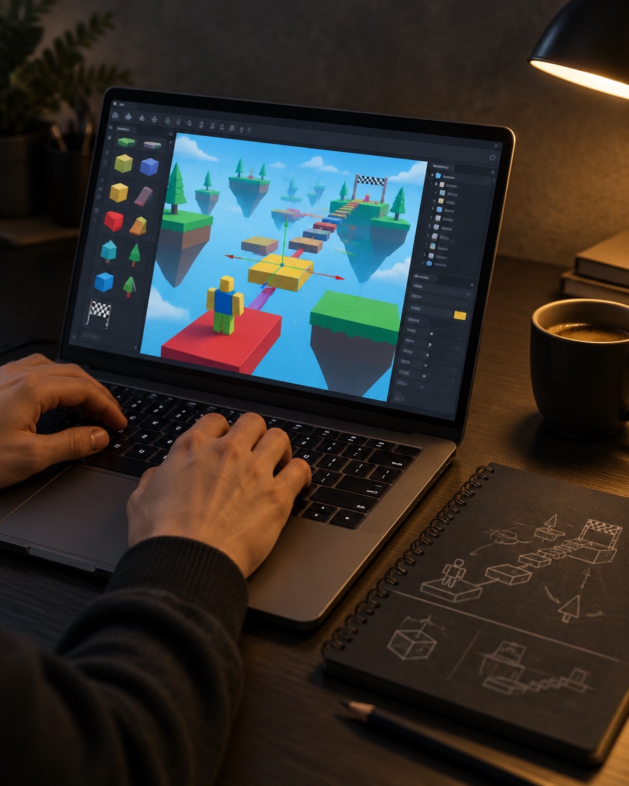 Laptop menampilkan level game 3D berbentuk balok di samping buku sketsa dan kopi.